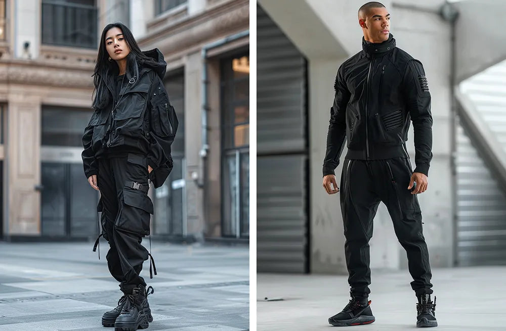 a woman and a black man in techwear outfit