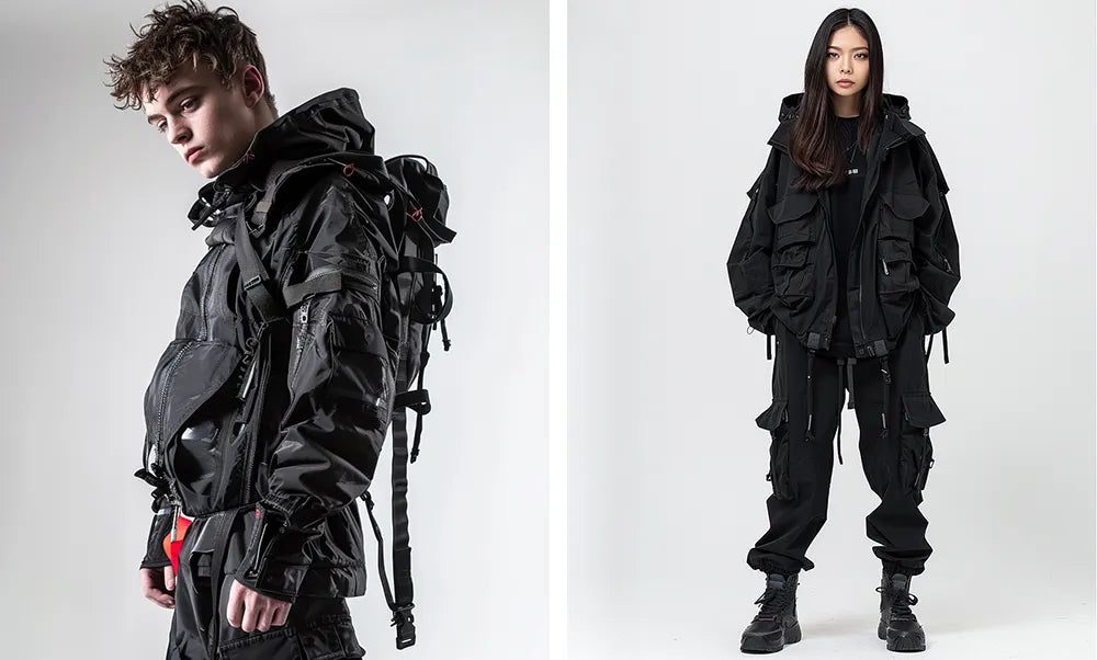 awhite boy and an asian woman in techwear clothes
