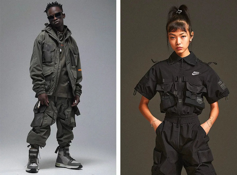 a black man and asian woman in techwear outfit