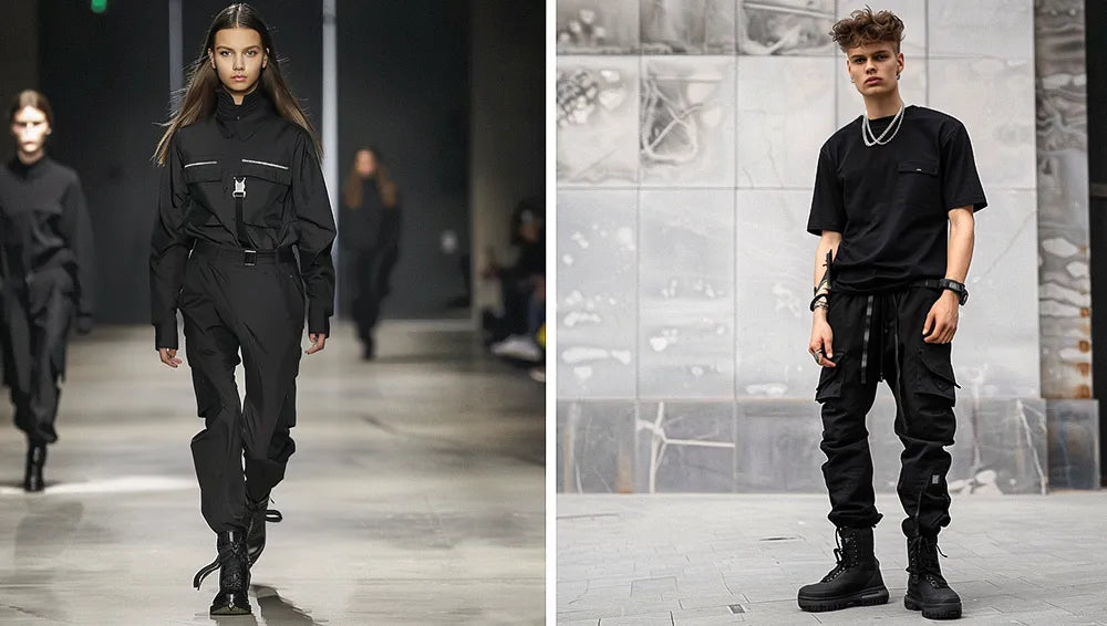 a girl  in a runway and a man in techwear outfit