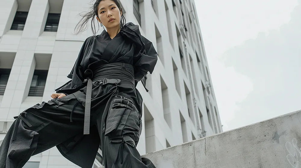 a woman wearing japanese techwear clothes