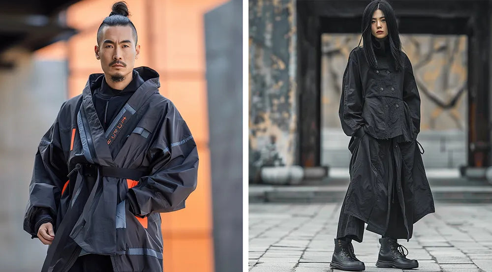 a woman and a man wearing japanese techwear clothes