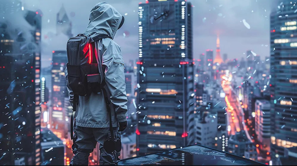 a man on the top of a building wearing japanese techwear clothes
