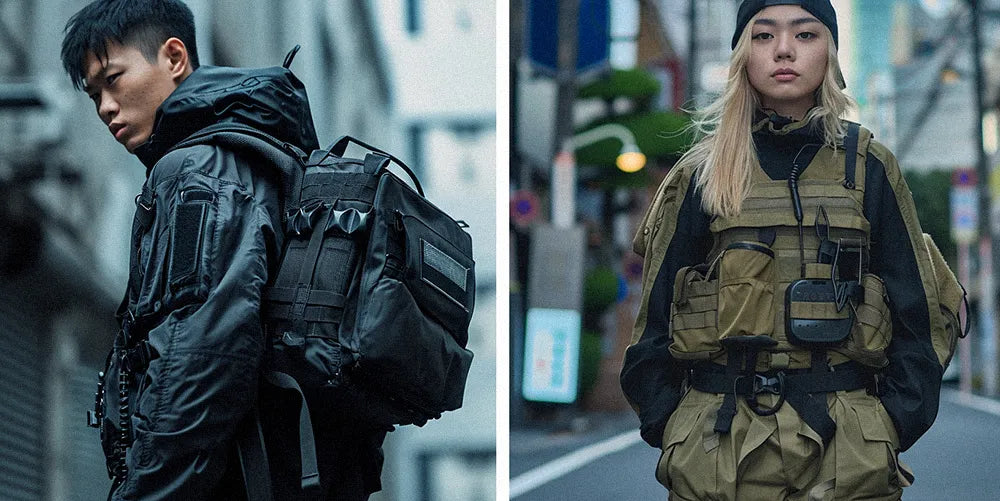 a man and a blonde japanese woman wearing japanese techwear outfits