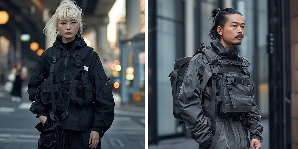 a blonde japanese woman and a man wearing japanese techwear clothes