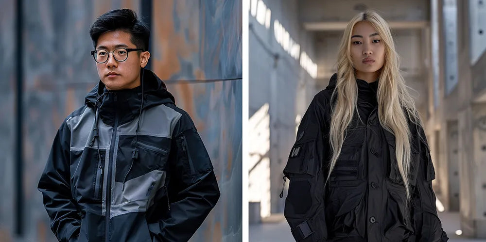a woman and a man wearing japanese techwear clothes