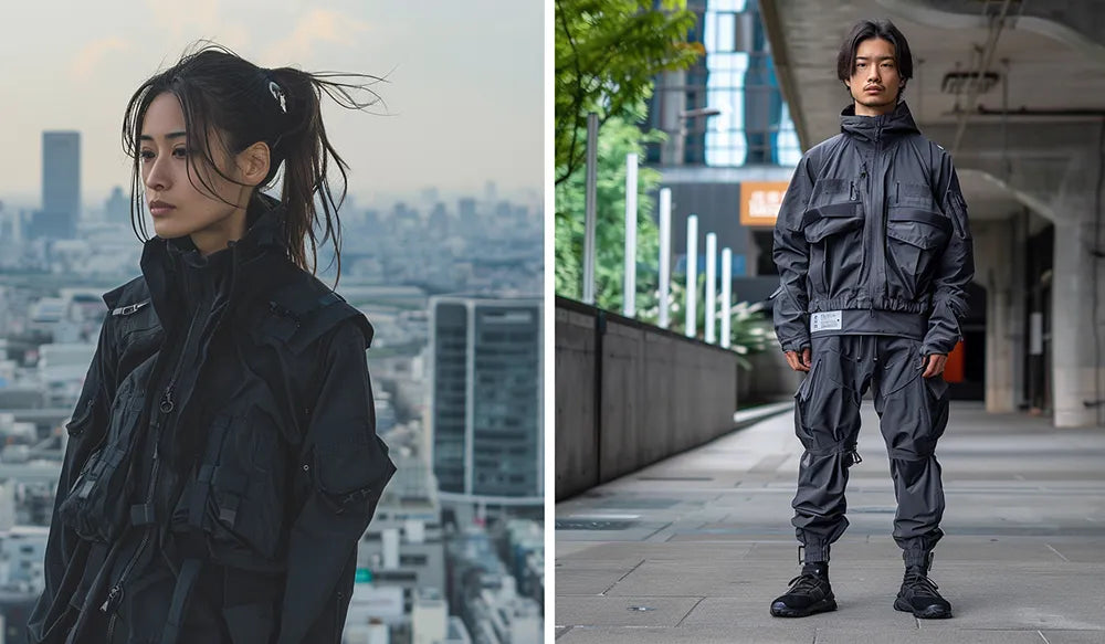 a woman and a man wearing japanese techwear clothes