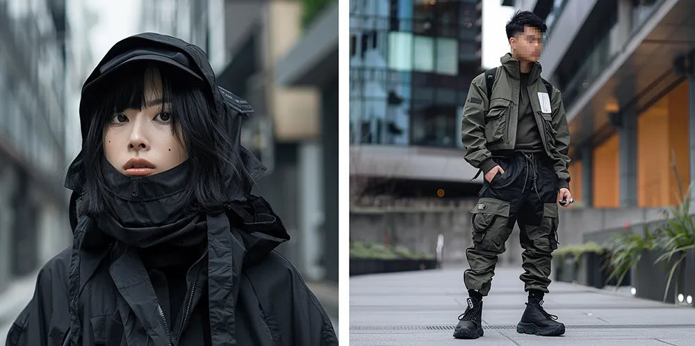 a woman and a man wearing japanese techwear clothes