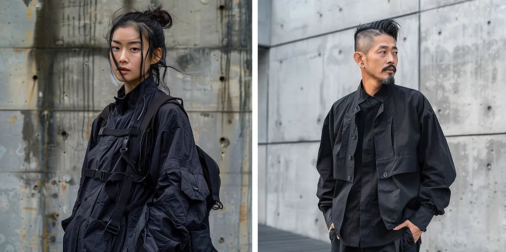 a woman and a man wearing japanese techwear clothes