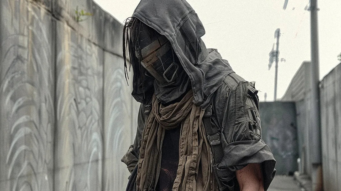 Survival gear meets fashion in this striking post apocalyptic clothing outfit.