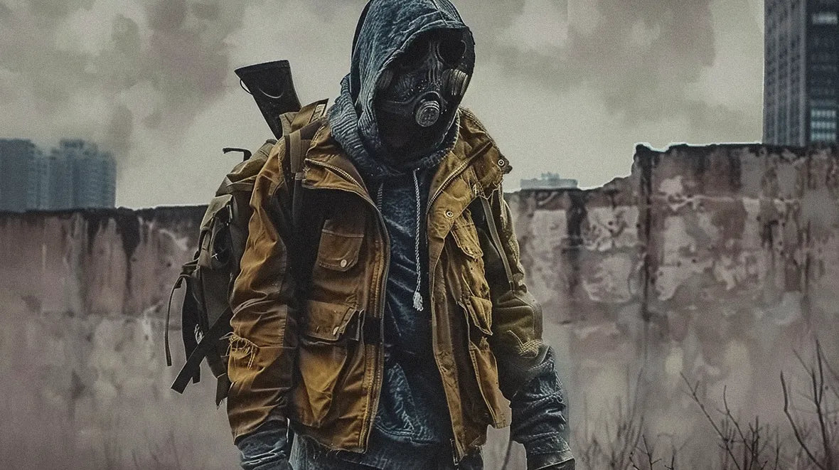 A gritty, urban look with this post apocalyptic clothing set amidst ruins.