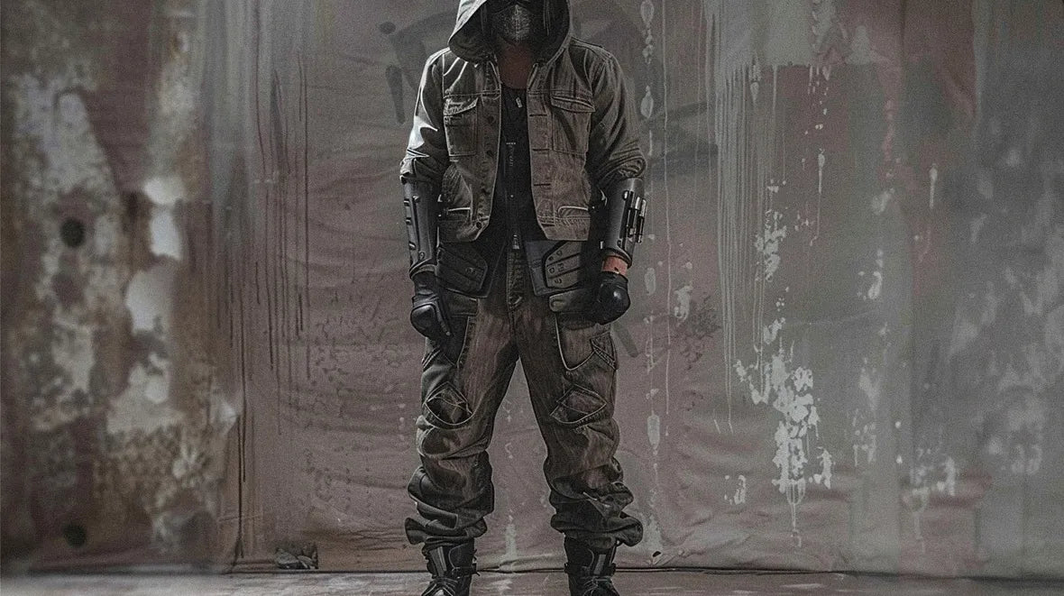 Battle-ready post apocalyptic clothing, featuring a hooded jacket and rugged pants.