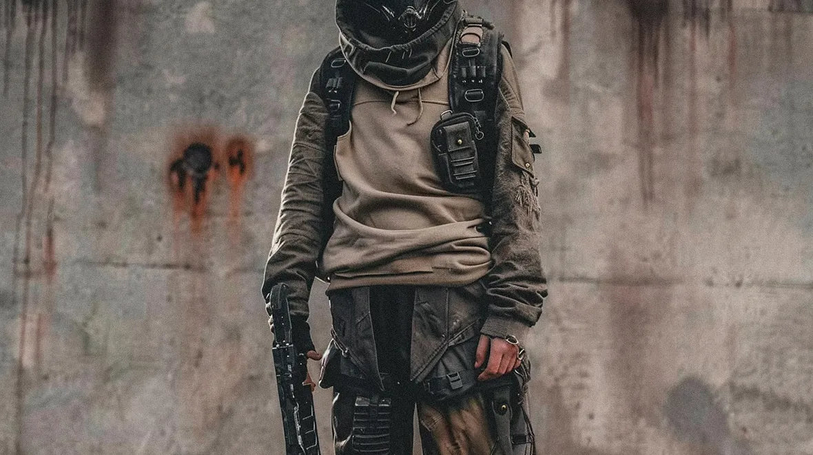 Futuristic soldier in post apocalyptic clothing, posing in a decayed structure.