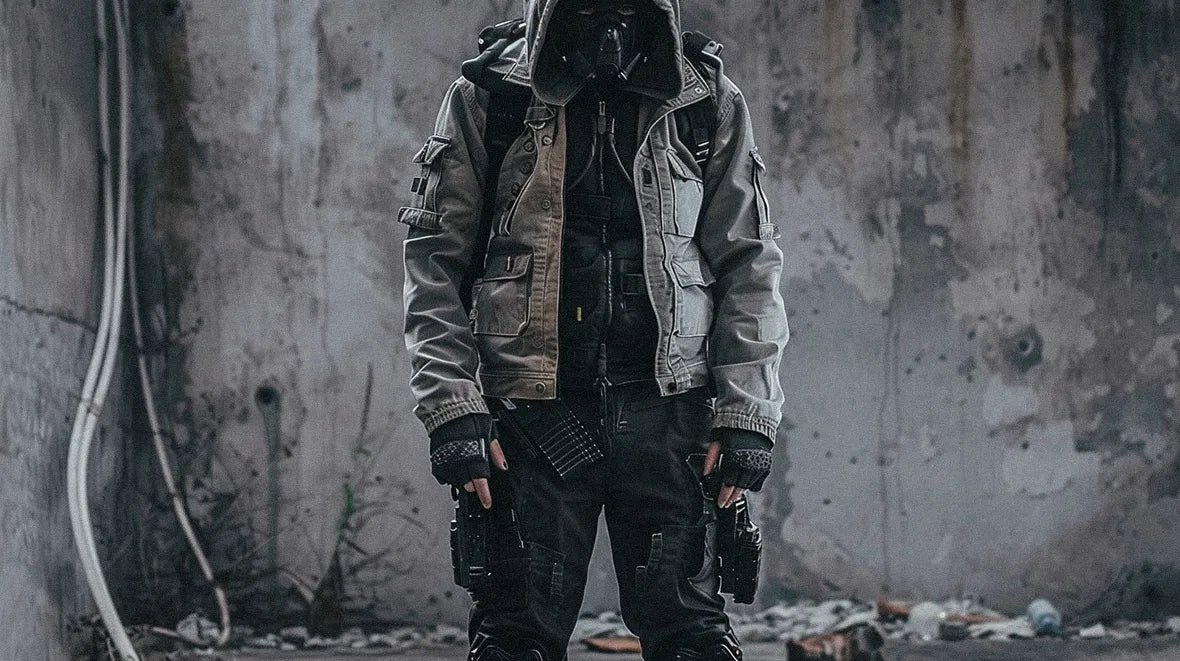 Detailed view of post apocalyptic clothing, emphasizing tactical and protective elements.