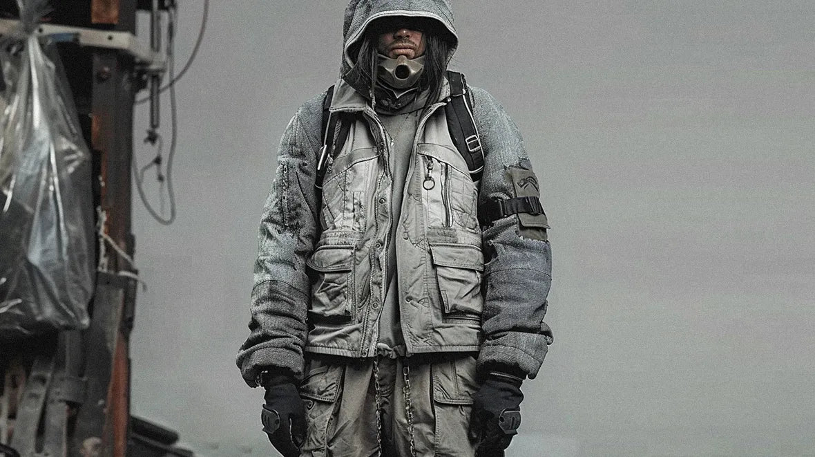 Urban explorer in post apocalyptic clothing, with a hood and armored vest.