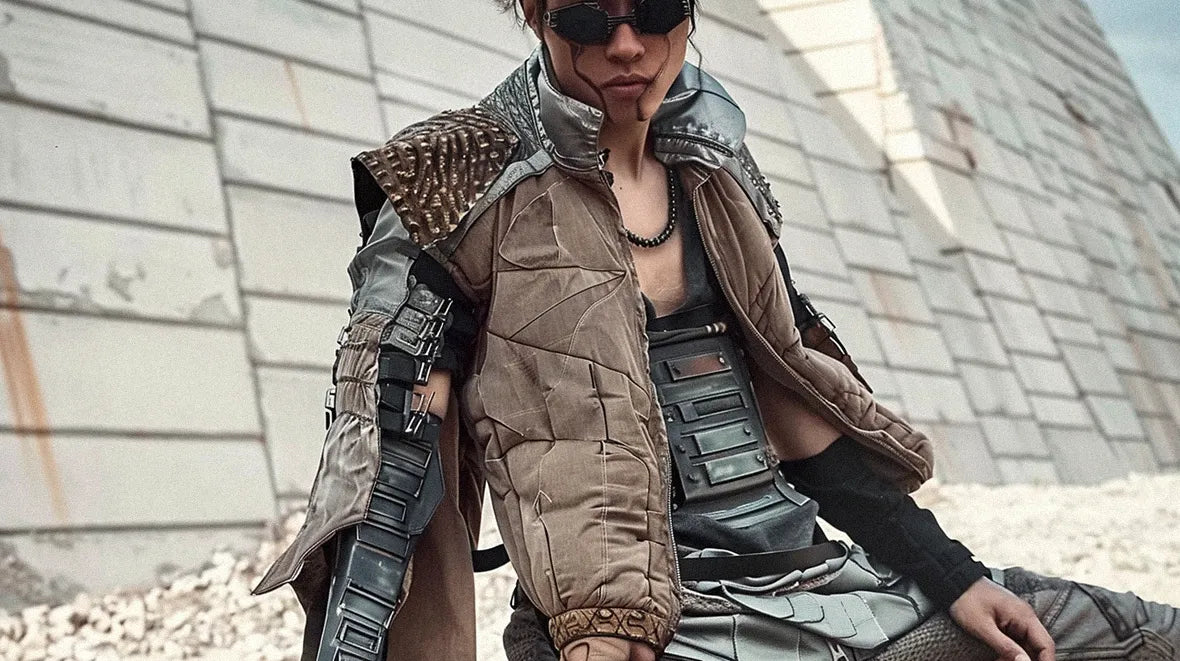 Edgy post apocalyptic clothing inspired by a dystopian future, worn by a male model.