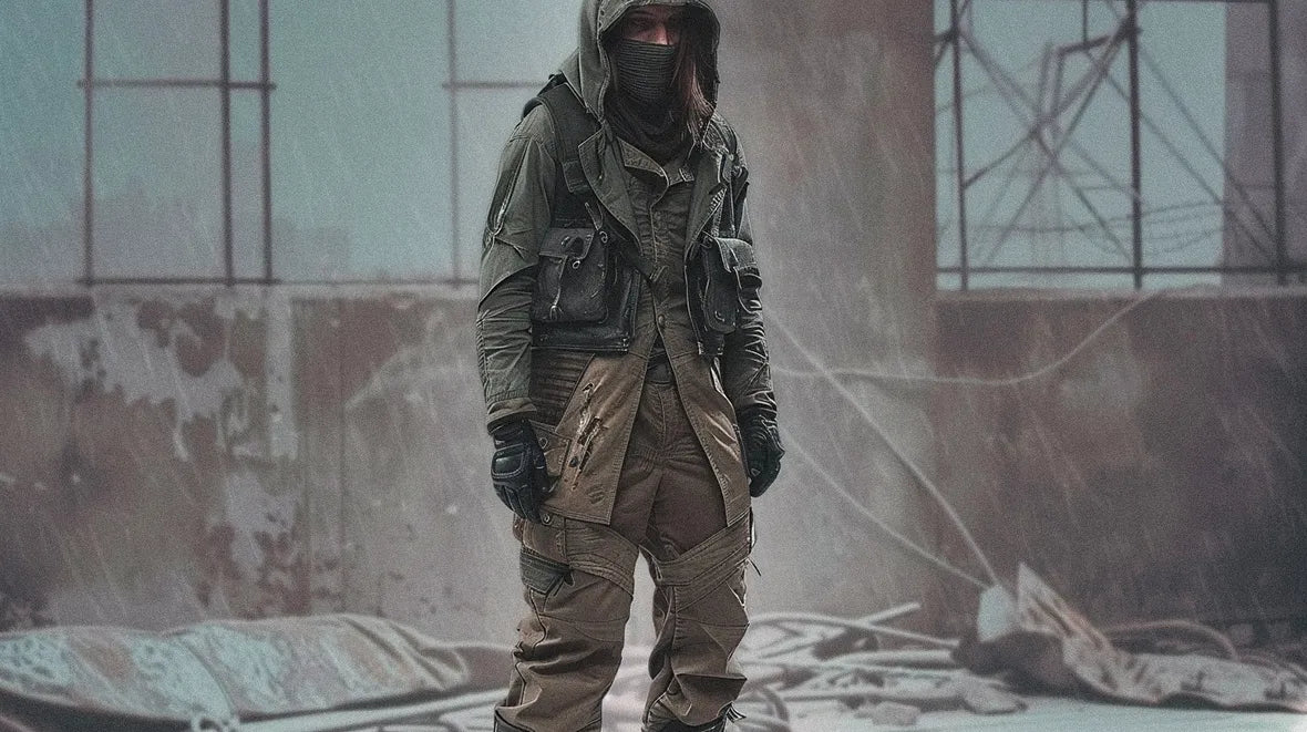 Man in tactical post apocalyptic clothing, standing in an abandoned building.