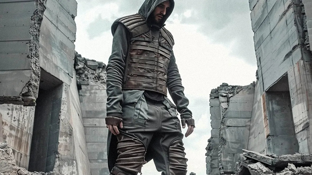 A man dressed in post apocalyptic clothing standing in a desolate, ruined landscape.