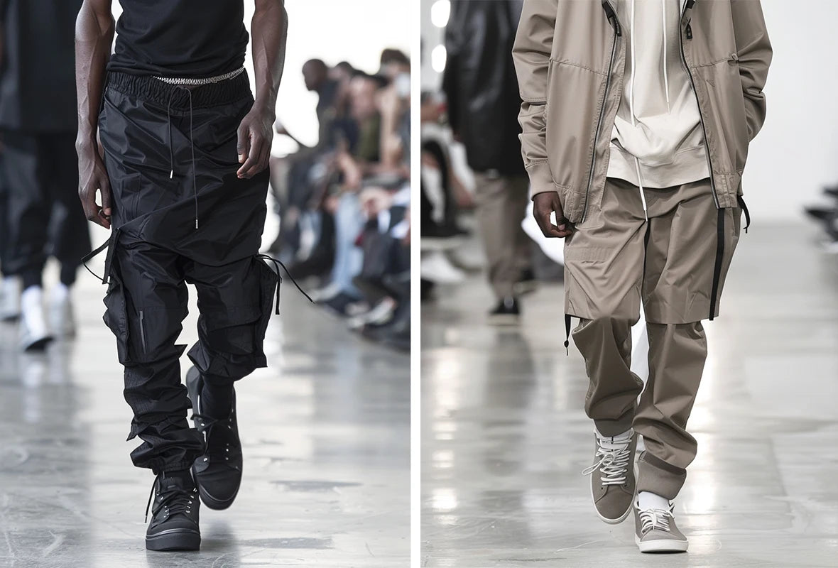 during a runway a black pants outfit men's streetwear and a grey pants