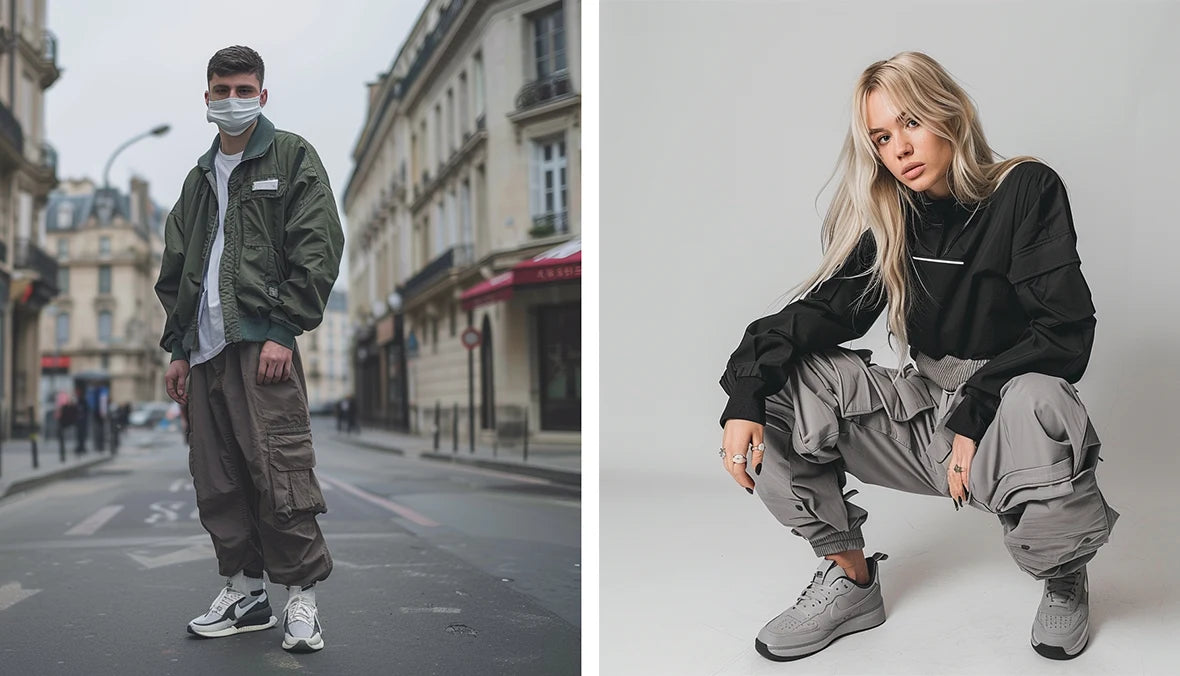 a man and a woman in streetwear outfit and cargo pants