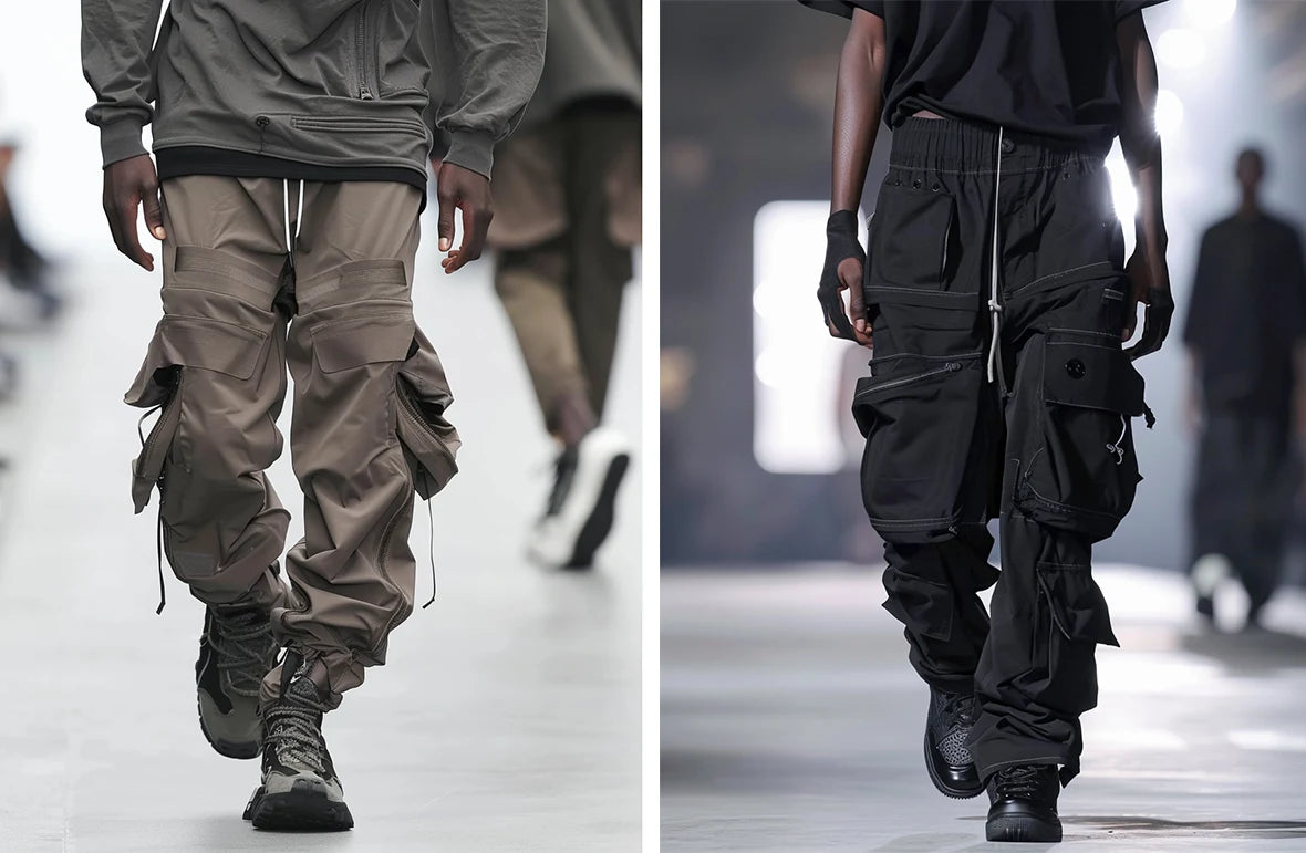 men's grey and black streetwear pants during a runway