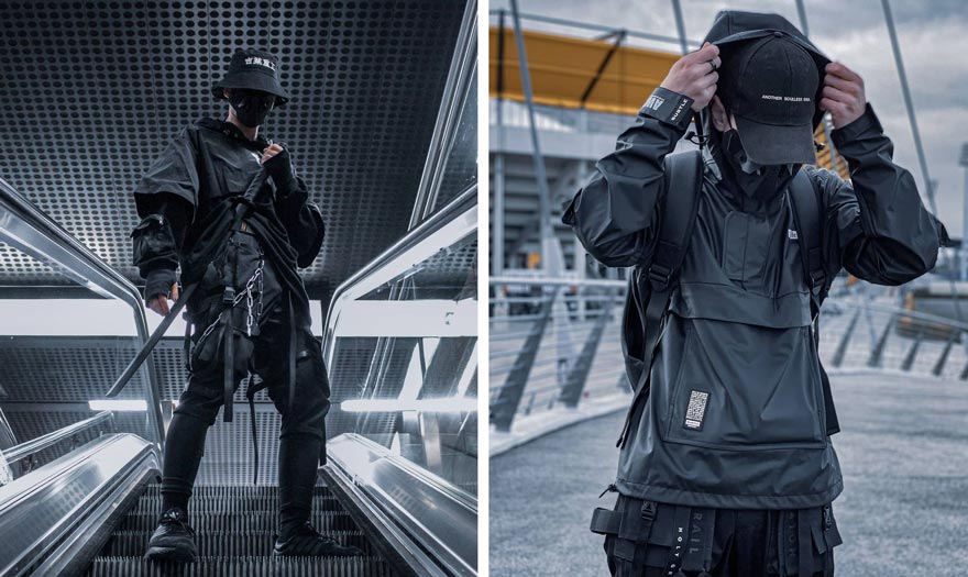 two persons in techwear outfit