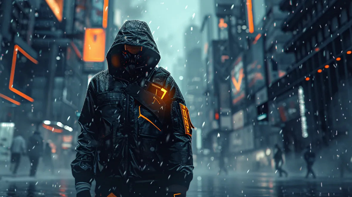 man wearing a techwear outfit in a cyberpunk city