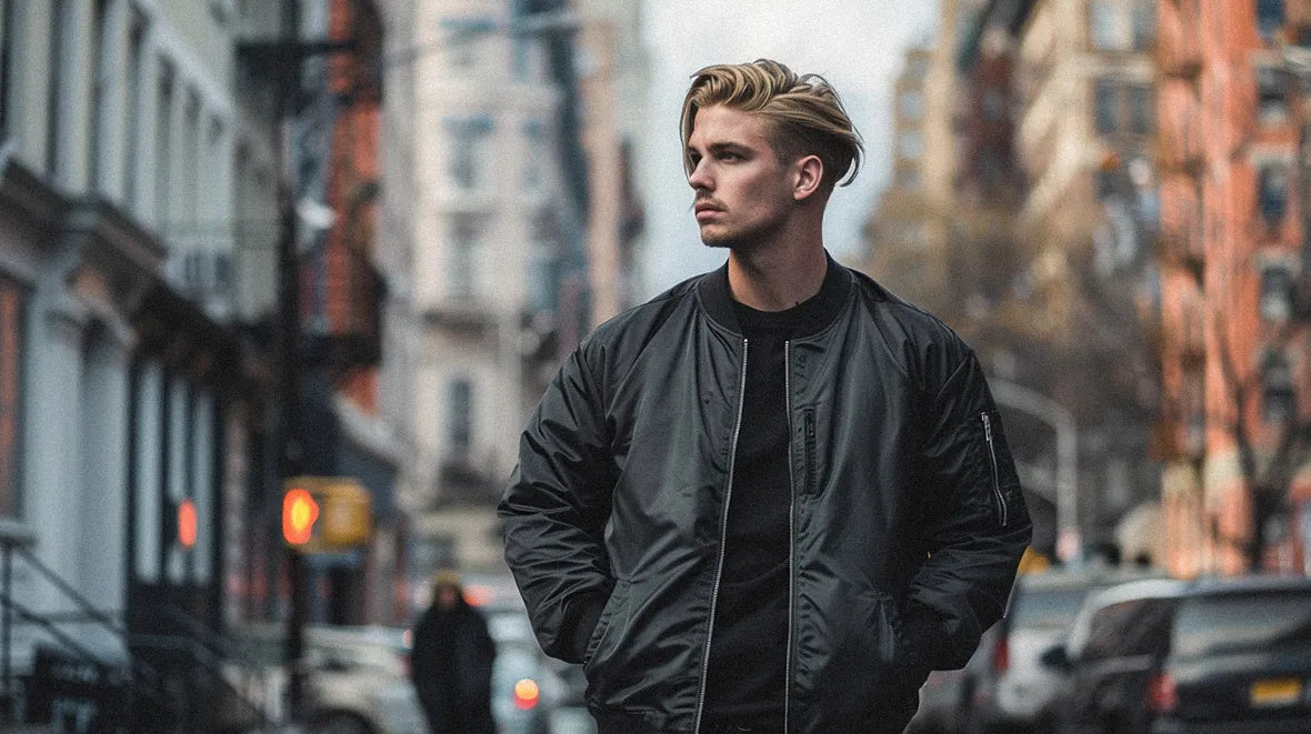 The individual is sporting a black bomber jacket giving off a street-smart vibe.