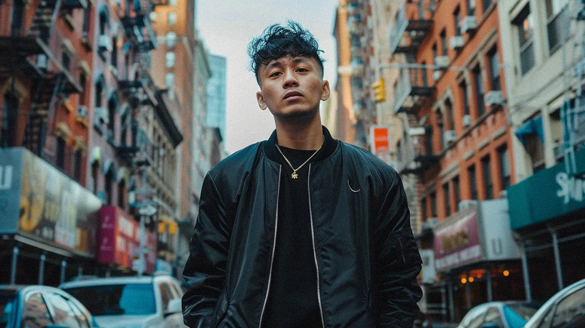 A young man with a trendy haircut stands confidently in an urban setting, wearing a techwear bomber jacket.