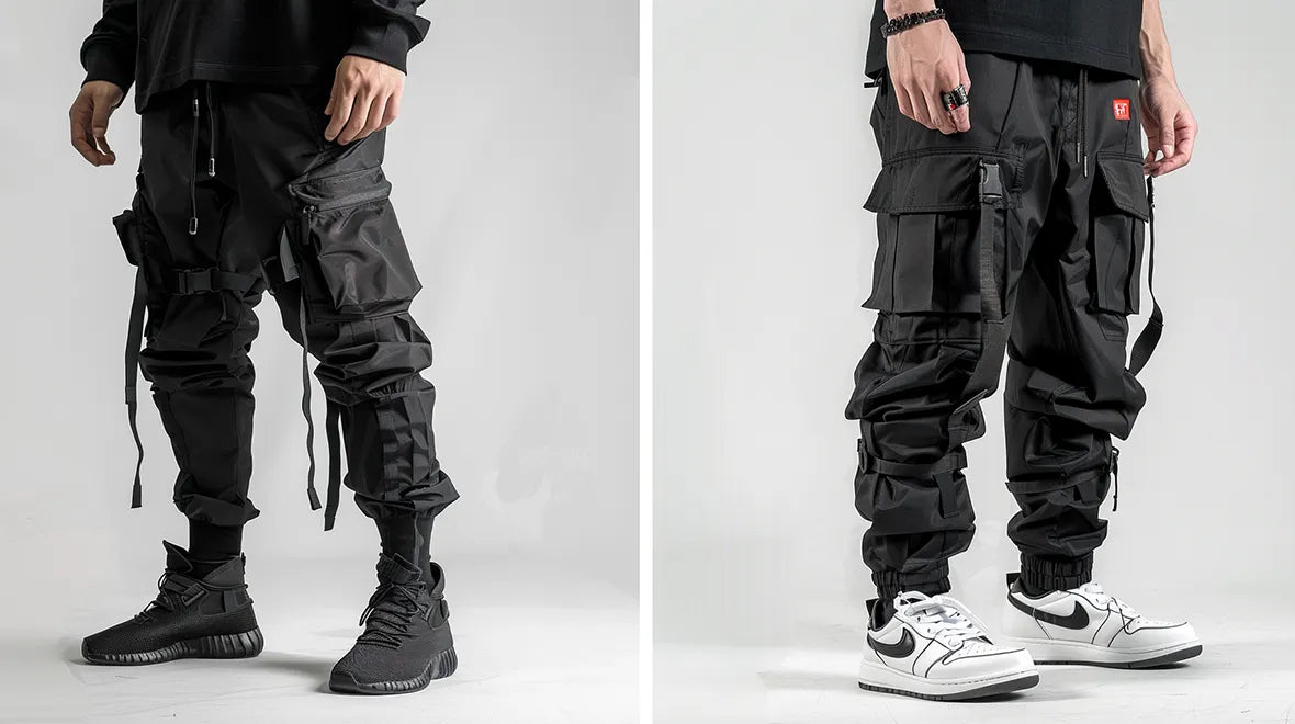 two black techwear cargo pants