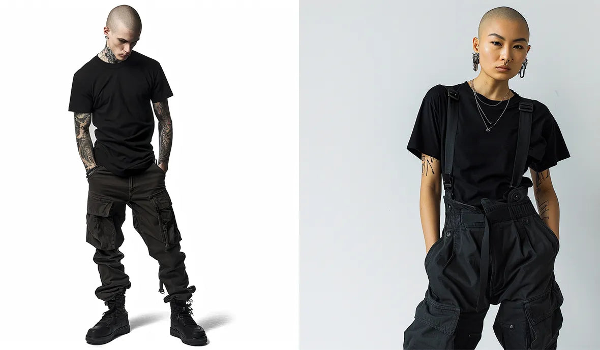 a male and a female in techwear cargo pants