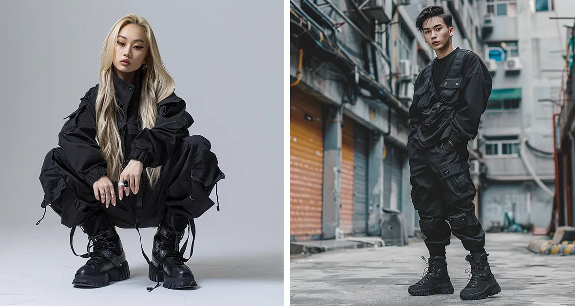 blonde girl and asian man in techwear outfits