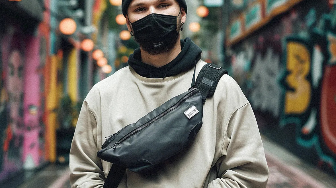 a young man with a face mask wearing a techwear fanny pack