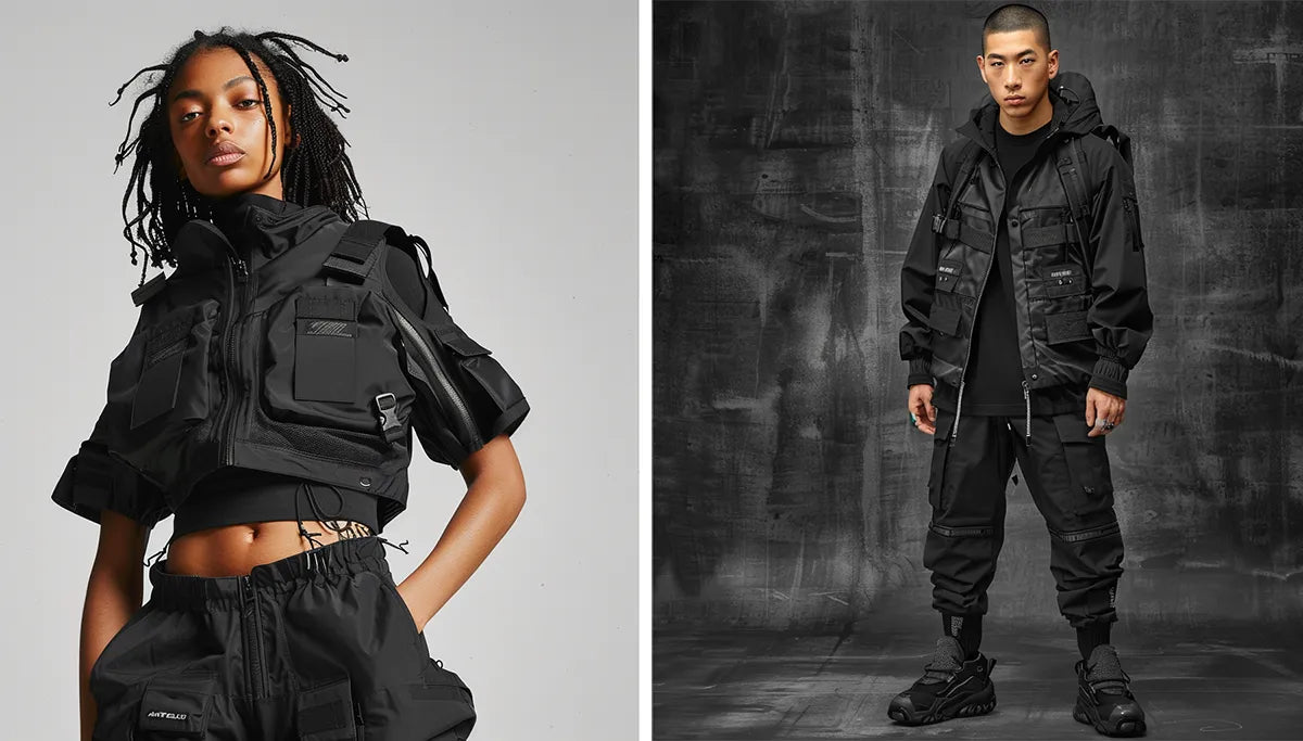 a black woman and an asian man in techwear outfits