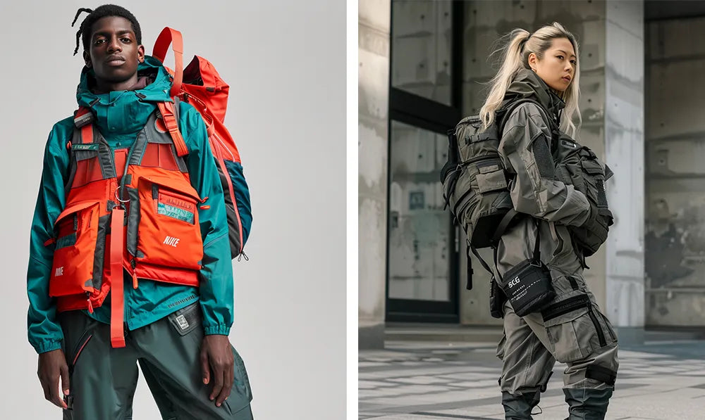 a black man and an asian woman in techwear outfits