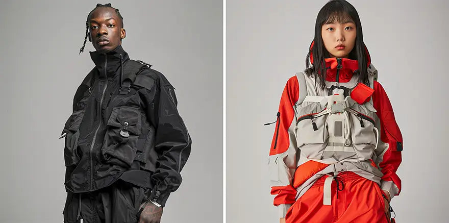 a man and a woman in amazing techwear clothing