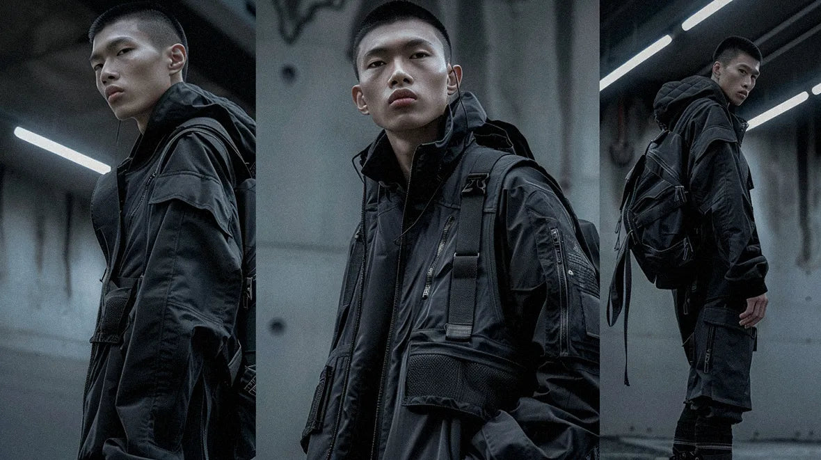 asian man in back techwear outfit