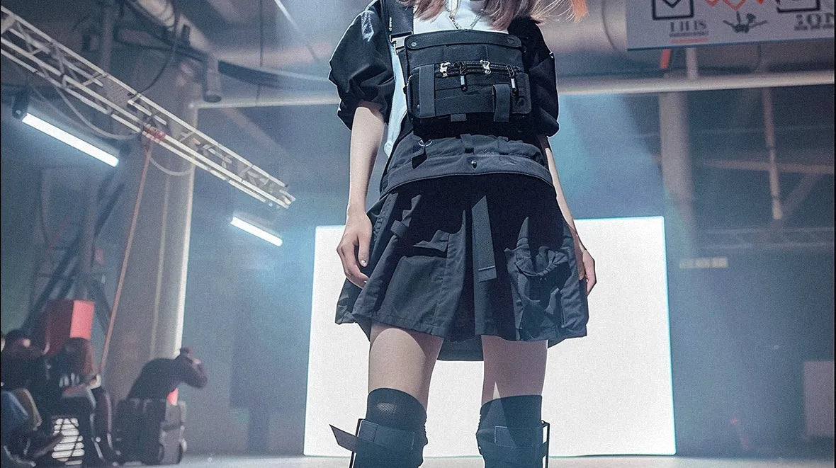 girl wearing a techwear skirt for a runway