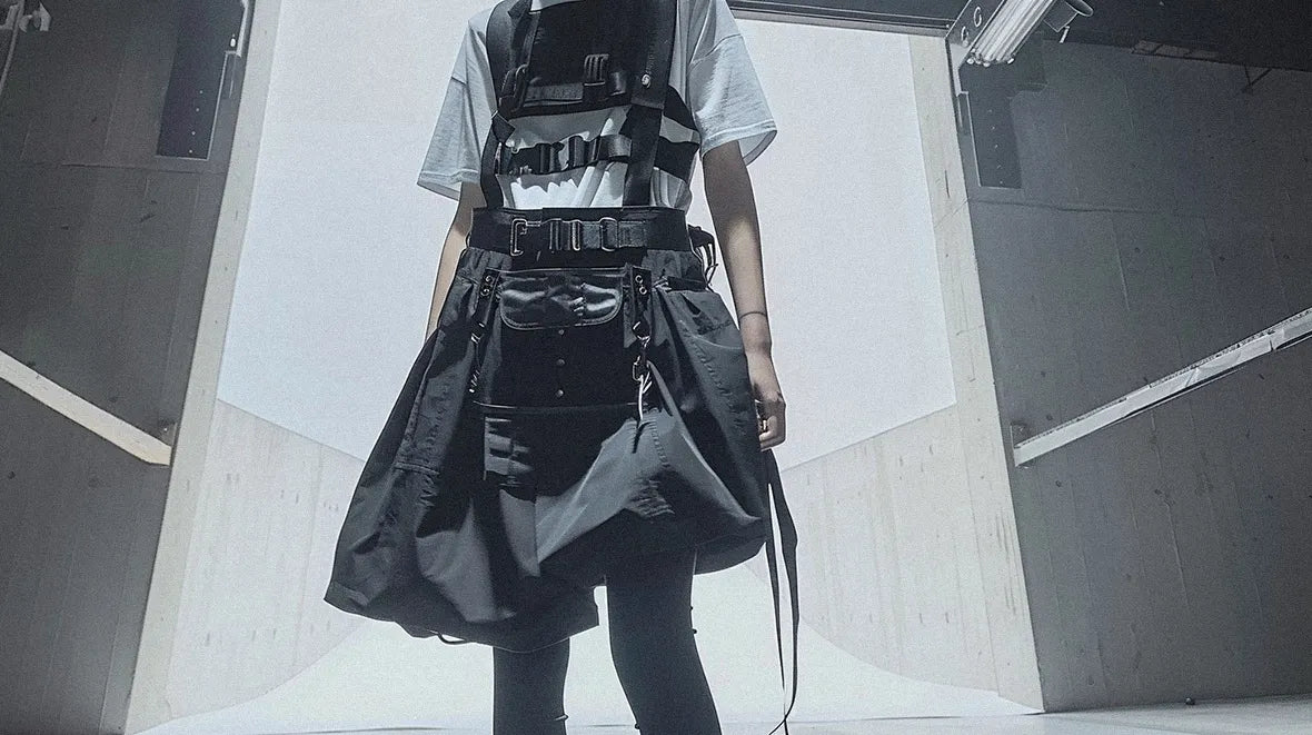 during a runway, a girl wearing a techwear skirt