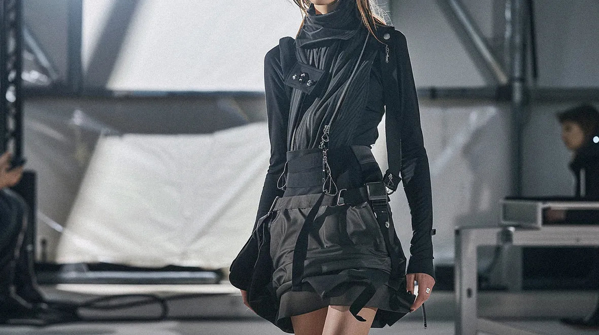 for a runway, woman wearing a techwear skirt