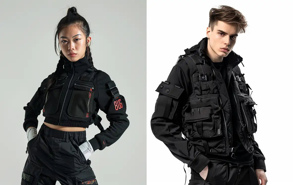 a woman and a man in techwear storm outfits