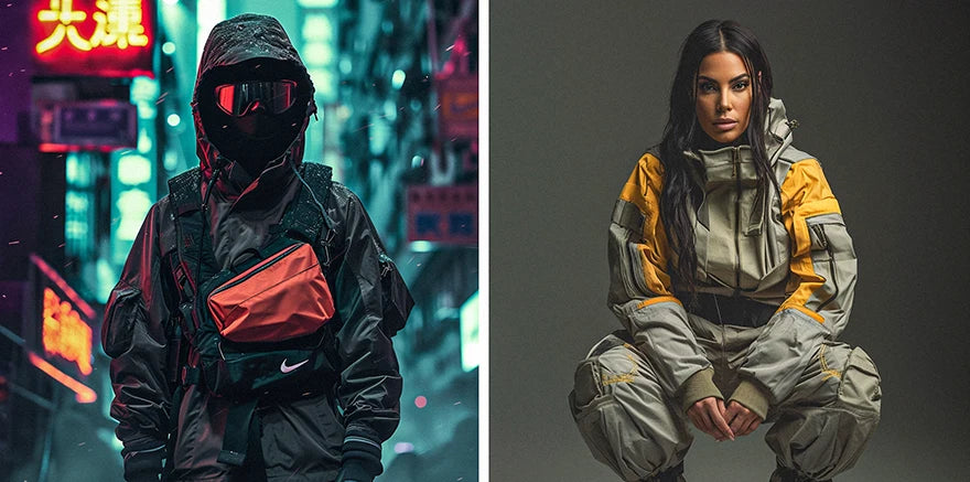 a man and a woman in techwear outfits