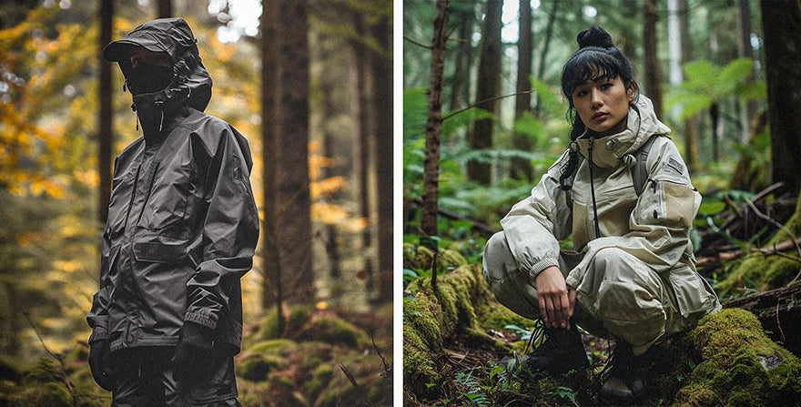 2 persons in techwear outfits in the forest
