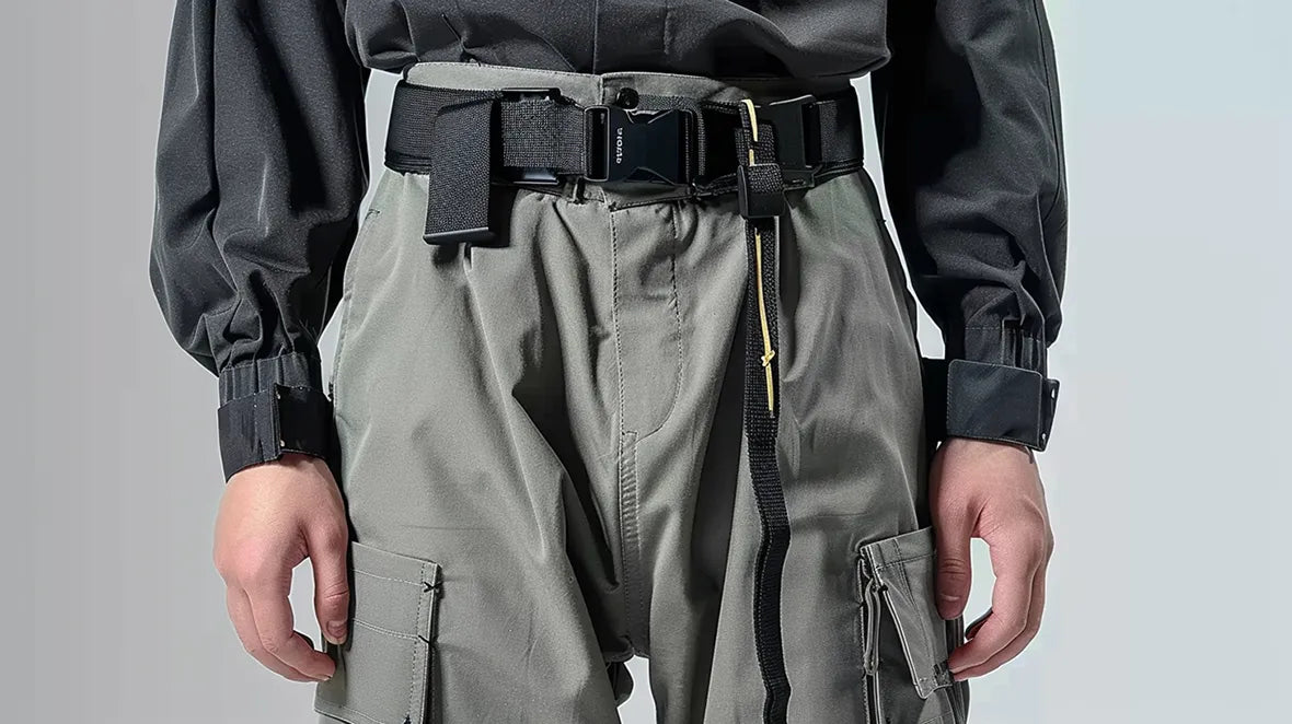 man wearing a tactical belt with a grey pants