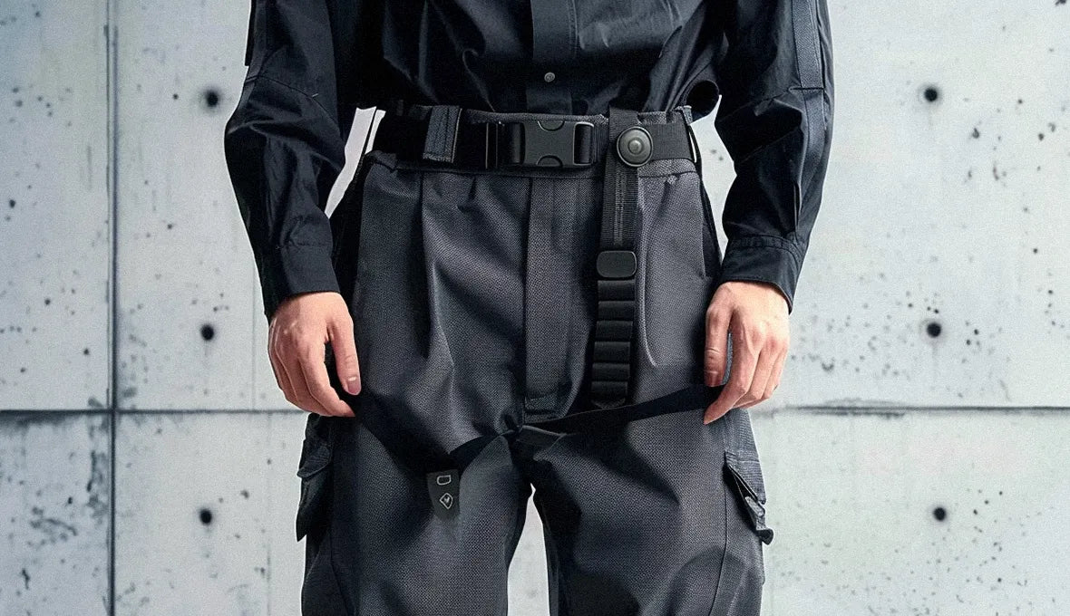 a techwear pants and a tactical belt