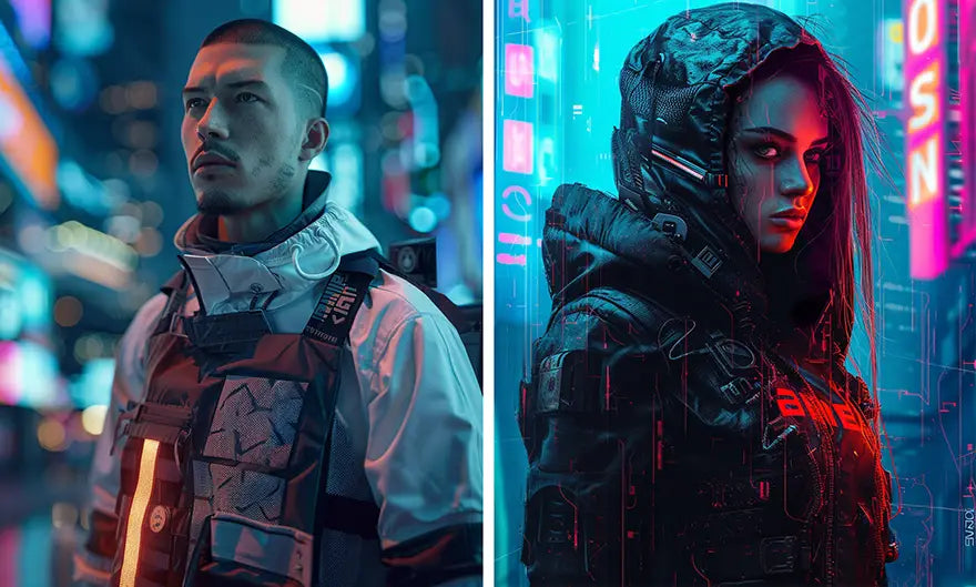 a man and a woman in cyberpunk outfit