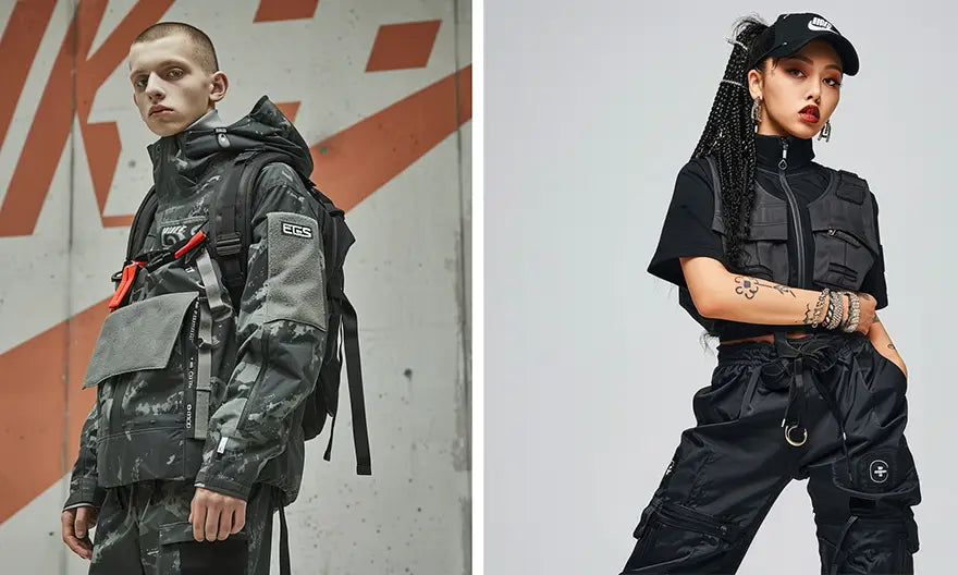 a man and a woman in techwear outfits