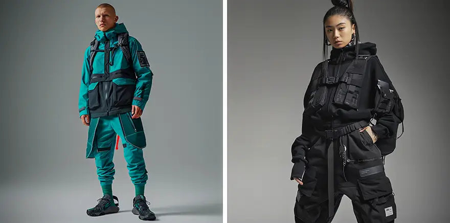 a man and a woman in techwear outfits