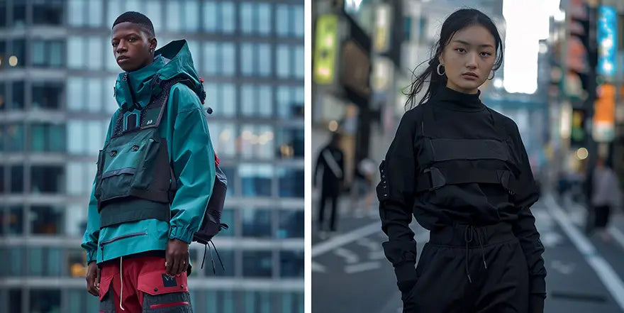 a man and a woman in techwear outfits