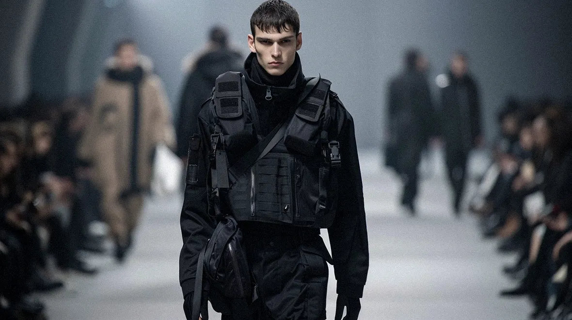 Model walking runway in tactical gear and black warcore clothing.